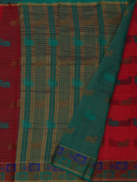 

Pothys Red & Green Cotton Blend Embroidered Saree