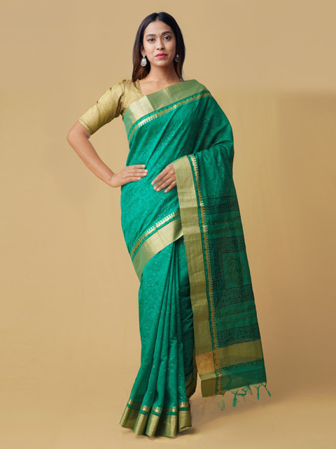 

Unnati Silks Green & Gold-Toned Silk Cotton Woven Design Chanderi Saree
