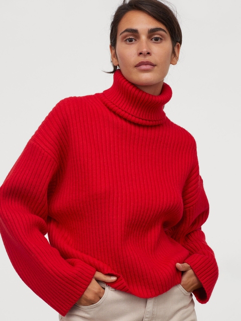 

H&M Women Red Ribbed Polo-Neck Jumper