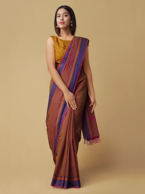 

Unnati Silks Brown Pure Cotton Striped Handloom Kanjeevaram Saree