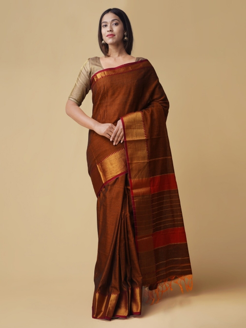 

Unnati Silks Brown Pure Cotton Checked Venkatgiri Saree