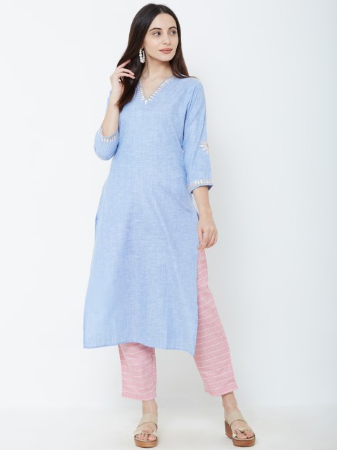 

FASHOR Women Blue & Pink Solid Kurta with Trousers
