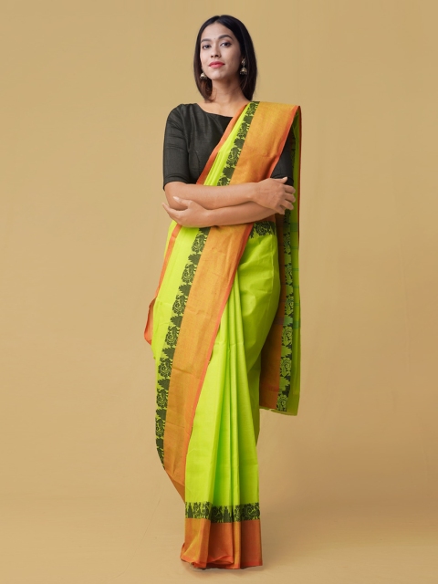 

Unnati Silks Fluorescent Green Pure Cotton Solid Kanjeevaram Handloom Saree