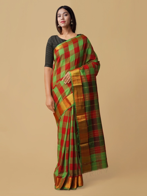 

Unnati Silks Green & Red Pure Cotton Checked Narayan Peth Saree