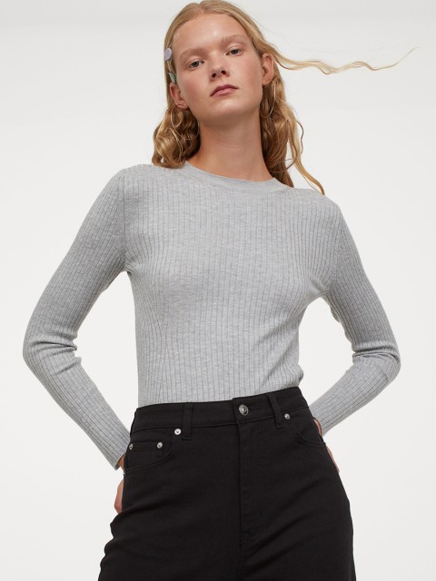 

H&M Women Grey Solid Fine Knit Top