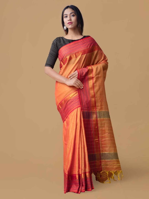

Unnati Silks Orange Pure Cotton Solid Narayan Peth Saree