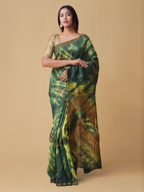 

Unnati Silks Green & Brown Silk Cotton Dyed Chanderi Saree
