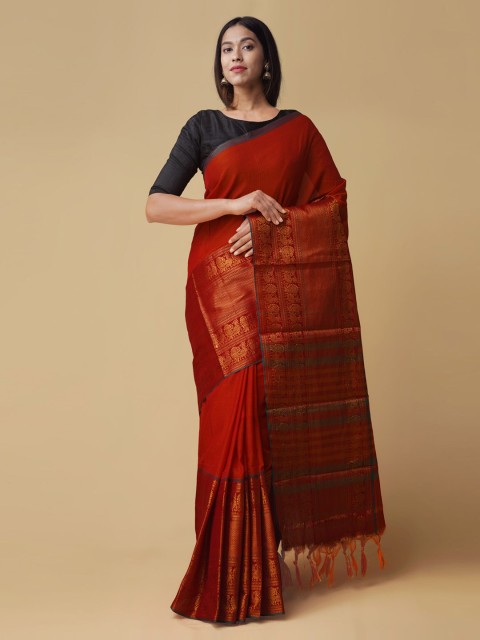 

Unnati Silks Orange Pure Cotton Solid Handloom Venkatgiri Saree