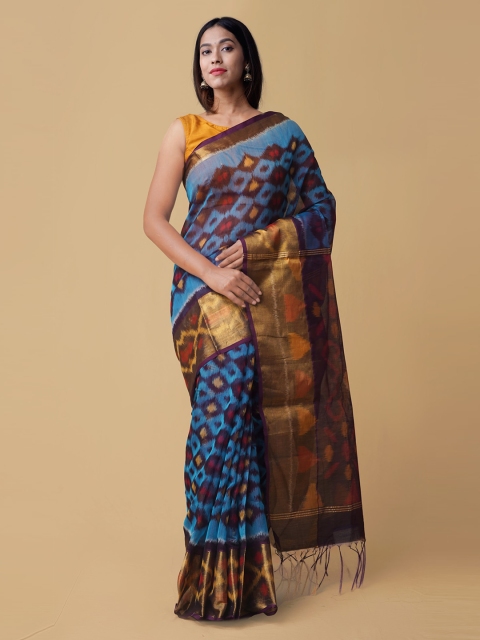 

Unnati Silks Blue & Burgundy Silk Cotton Printed Pochampally Saree