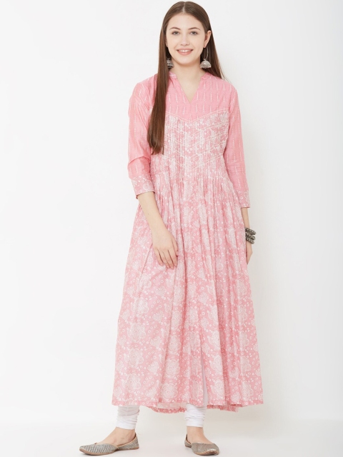 

FASHOR Women Pink & White Printed Anarkali Kurta