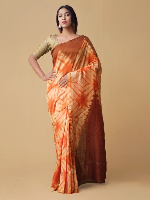 

Unnati Silks Orange Silk Cotton Printed Chanderi Saree