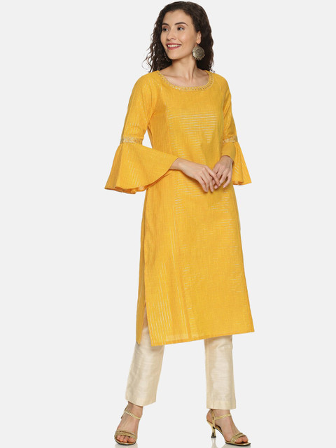 

Saffron Threads Women Yellow Woven Design Straight Kurta