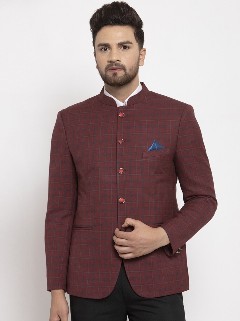 

NEUDIS Men Maroon & Blue Checked Formal Bandhgala Blazer