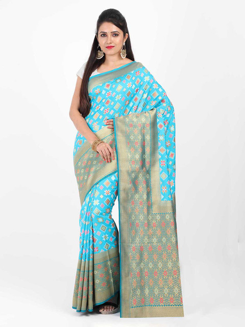 

SABOO COLLECTIONS Turquoise Blue & Gold-Toned Woven Design Ikat Saree