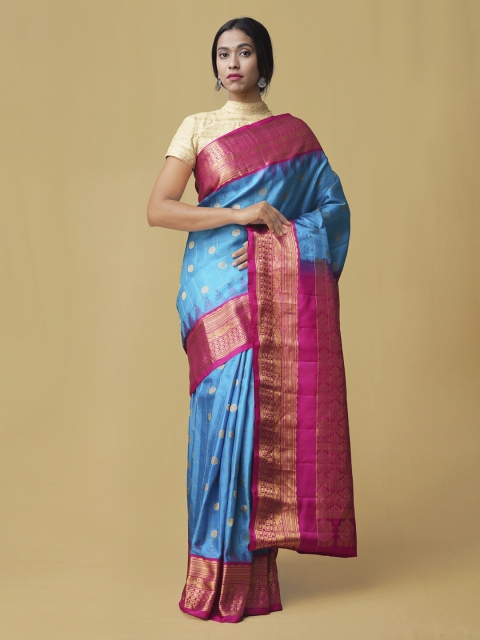 

Unnati Silks Blue & Pink Pure Silk Handloom Woven Design Sustainable Saree