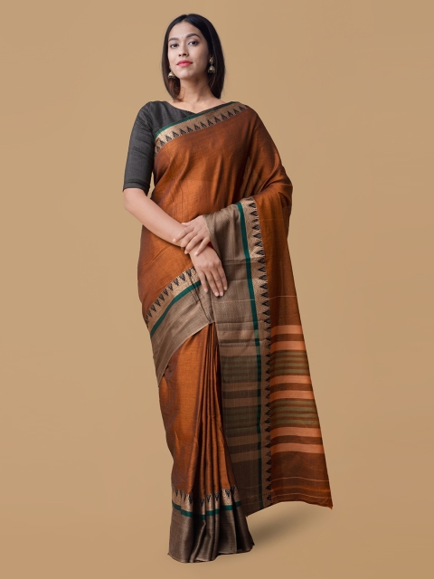 

Unnati Silks Orange & Gold-Toned Pure Cotton Colourblocked Narayan Peth Saree