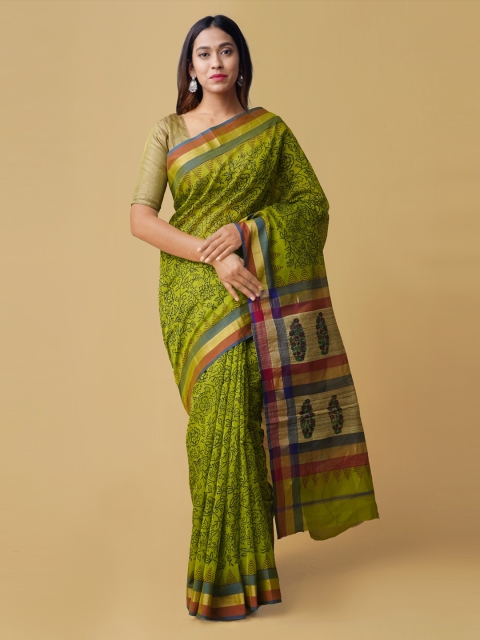 

Unnati Silks Green & Beige Silk Cotton Printed Maheshwari Handloom Saree
