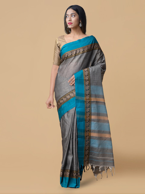 

Unnati Silks Grey & Blue Pure Cotton Woven Design Narayan Peth Saree