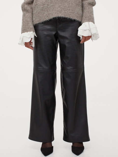 

H&M Women Black Solid Imitation Leather Trousers