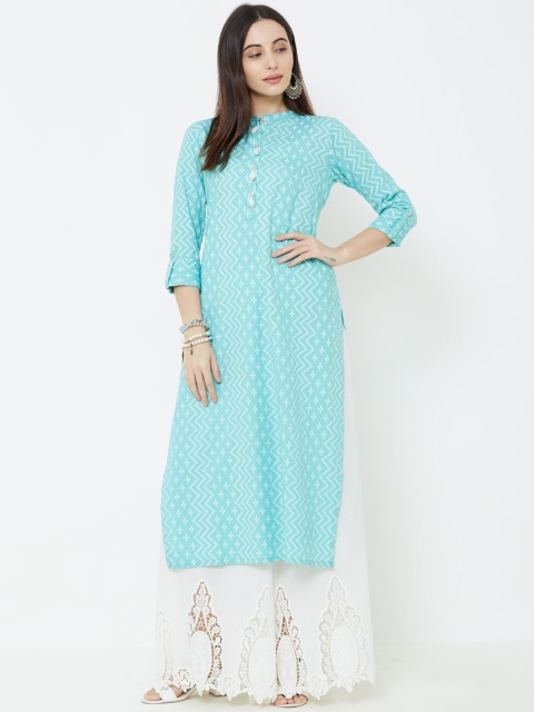 

FASHOR Women Turquoise Blue & Off-White Embroidered Straight Kurta