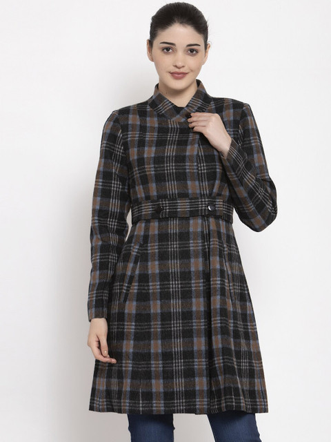 

Owncraft Women Navy Blue & Brown Checked Woven Overcoat