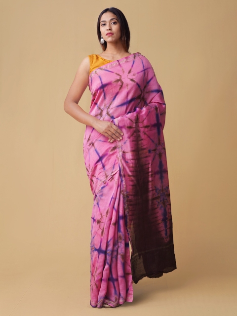 

Unnati Silks Pink & Blue Silk Cotton Printed Chanderi Saree