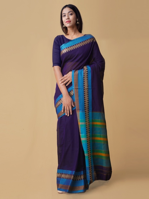 

Unnati Silks Navy Blue Pure Cotton Solid Handloom Narayan Peth Saree