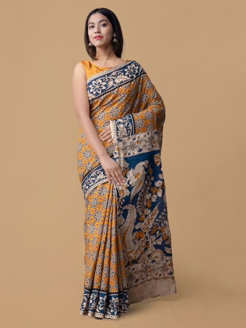 

Unnati Silks Yellow & Blue Pure Cotton Printed Saree
