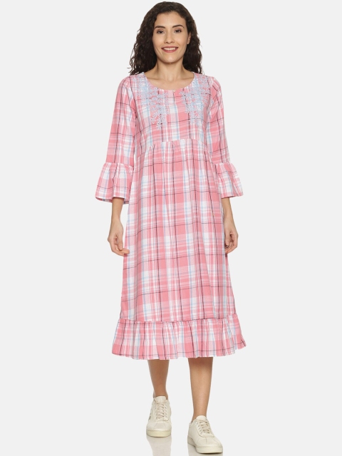 

Saffron Threads Women Pink & White Checked Fit and Flare Dress