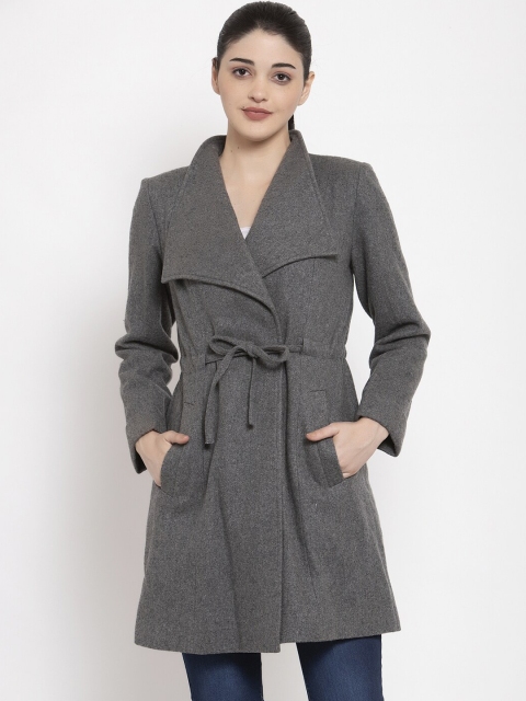 

Owncraft Women Charcoal Grey Solid Tie-Up Overcoat