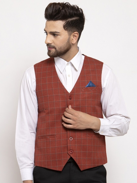 

NEUDIS Men Rust Orange Checked Waistcoat