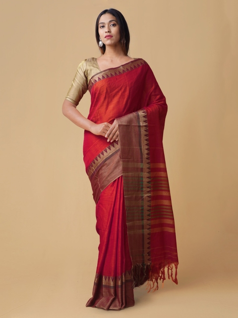 

Unnati Silks Red Pure Cotton Solid Handloom Narayan Peth Saree