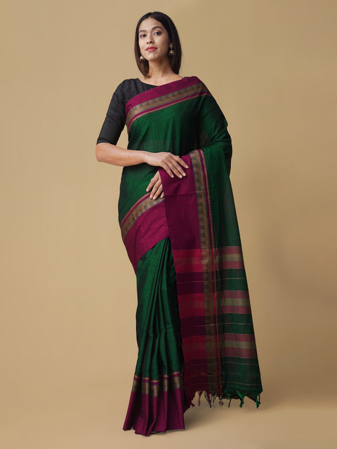 

Unnati Silks Green Pure Cotton Solid Handloom Narayan Peth Saree