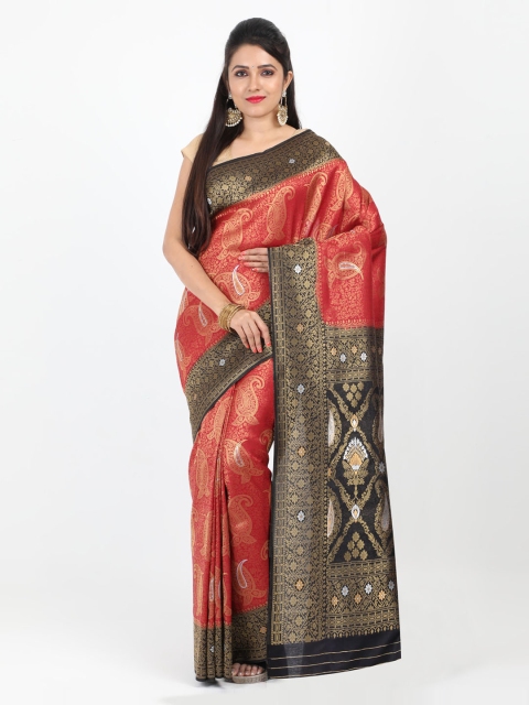 

SABOO COLLECTIONS Red & Black Silk Blend Woven Design Banarasi Saree