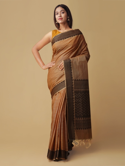 

Unnati Silks Brown Pure Cotton Striped Kanjeevaram Saree