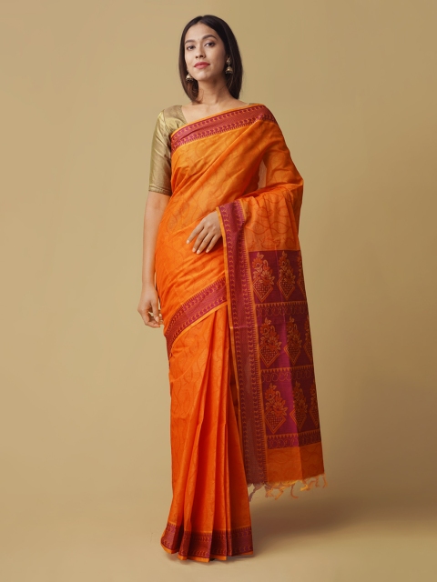 

Unnati Silks Orange & Pink Pure Cotton Woven Design Saree