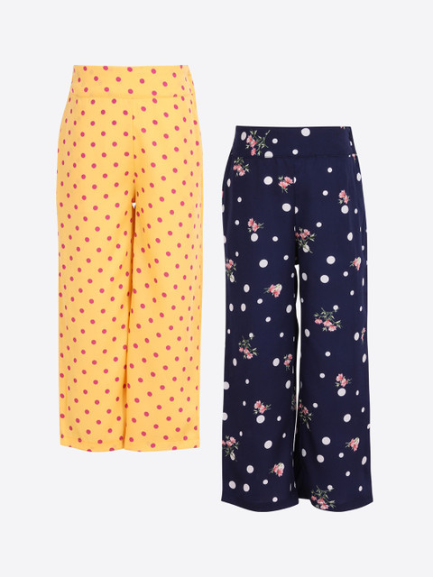 

CUTECUMBER Girls Set of 2 Yellow & Navy Blue Smart Regular Fit Printed Parallel Trousers