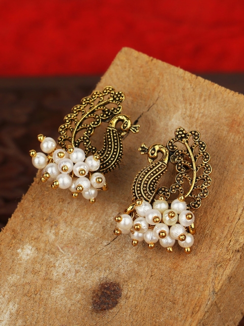 

ANIKAS CREATION Gold-Toned & White Peacock Shaped Pearl Drop Earrings