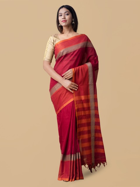 

Unnati Silks Red & Orange Pure Cotton Solid Narayan Peth Saree