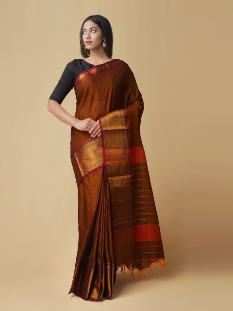 

Unnati Silks Brown & Gold-Coloured Pure Cotton Woven Design Narayan Peth Saree