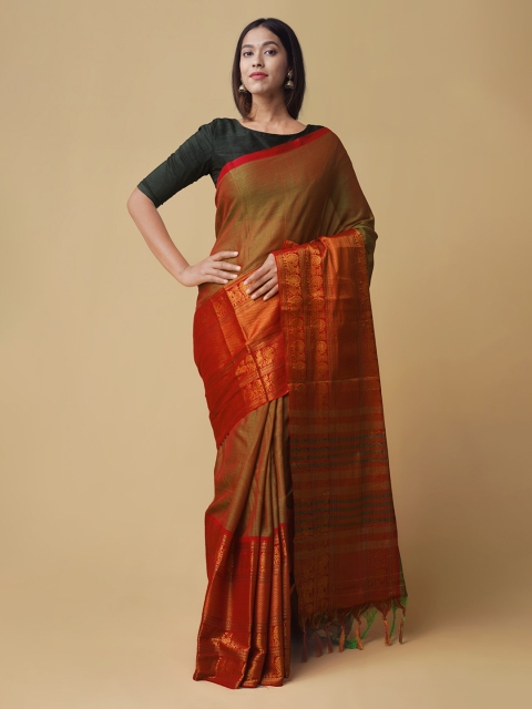 

Unnati Silks Green & Orange Pure Cotton Woven Design Venkatgiri Saree