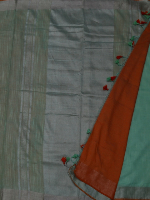 

Pothys Sea Green & Grey Melange Linen Blend Striped Saree