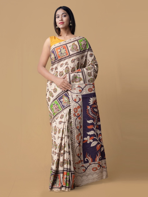 

Unnati Silks Cream-Coloured & Blue Pure Cotton Printed Saree