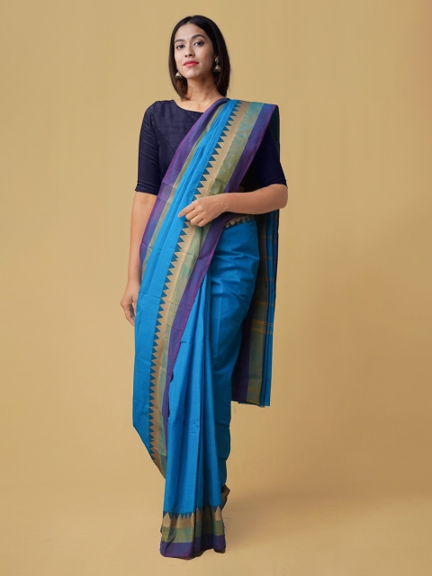 

Unnati Silks Blue Pure Cotton Solid Chettinad Saree