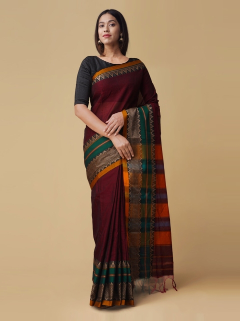 

Unnati Silks Maroon & Green Pure Cotton Woven Design Narayan Peth Saree