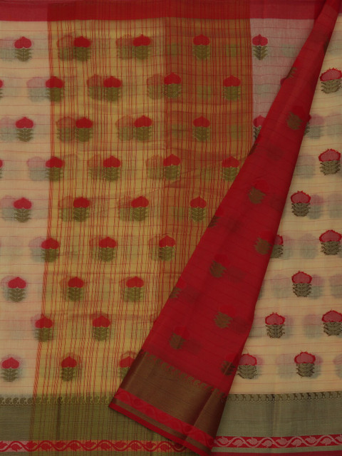 

Pothys Cream-Coloured & Red Cotton Blend Woven Design Chanderi Saree