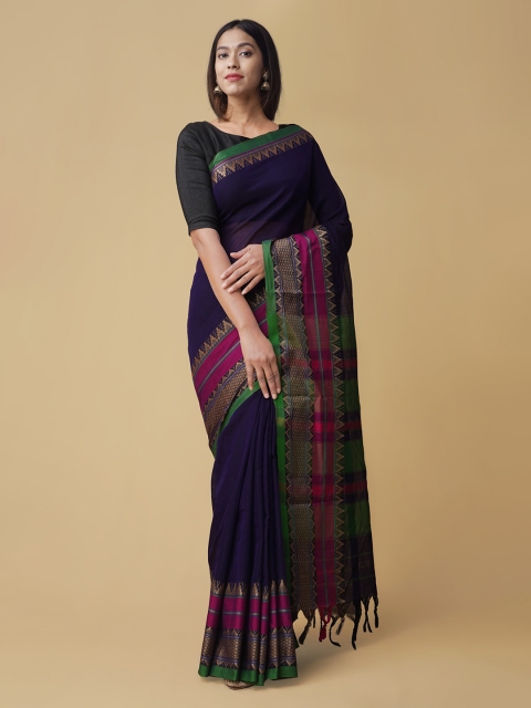 

Unnati Silks Violet & Pink Pure Cotton Solid Narayan Peth Saree