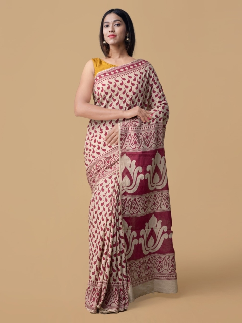 

Unnati Silks Cream-Coloured & Pink Pure Cotton Handloom Printed Saree
