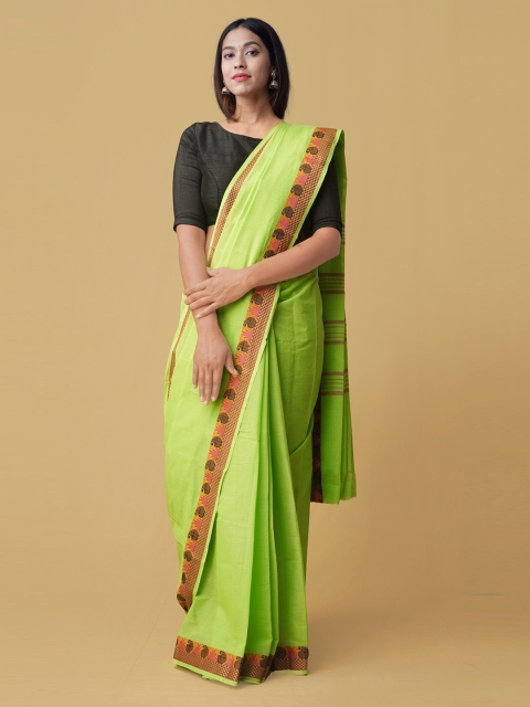 

Unnati Silks Green Pure Cotton Solid Chettinad Saree