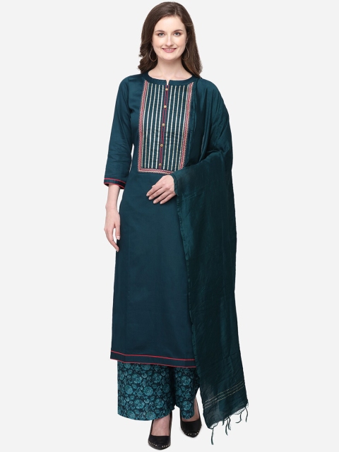

Kvsfab Navy Blue & Sea Green Silk Blend Unstitched Dress Material